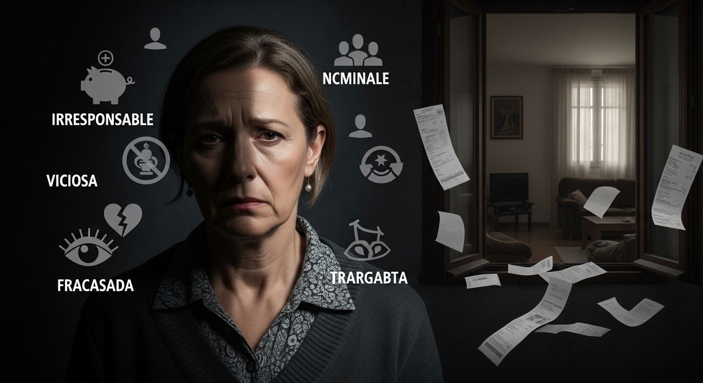 Mujer sentada en su hogar con expresión de vergüenza y etiquetas sociales visibles alrededor