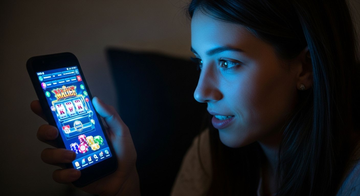 Joven mujer frente a pantalla de ordenador interactuando con juego de azar online