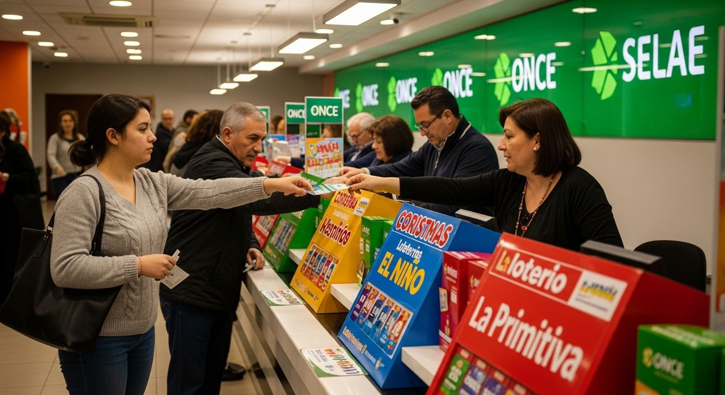 personas jugando lotería al aire libre en ciudad española, universitarios y mayores juntos